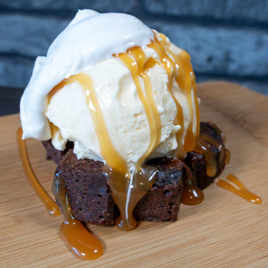 Chocolate Brownie with Ice Cream and Caramel Sauce Topping