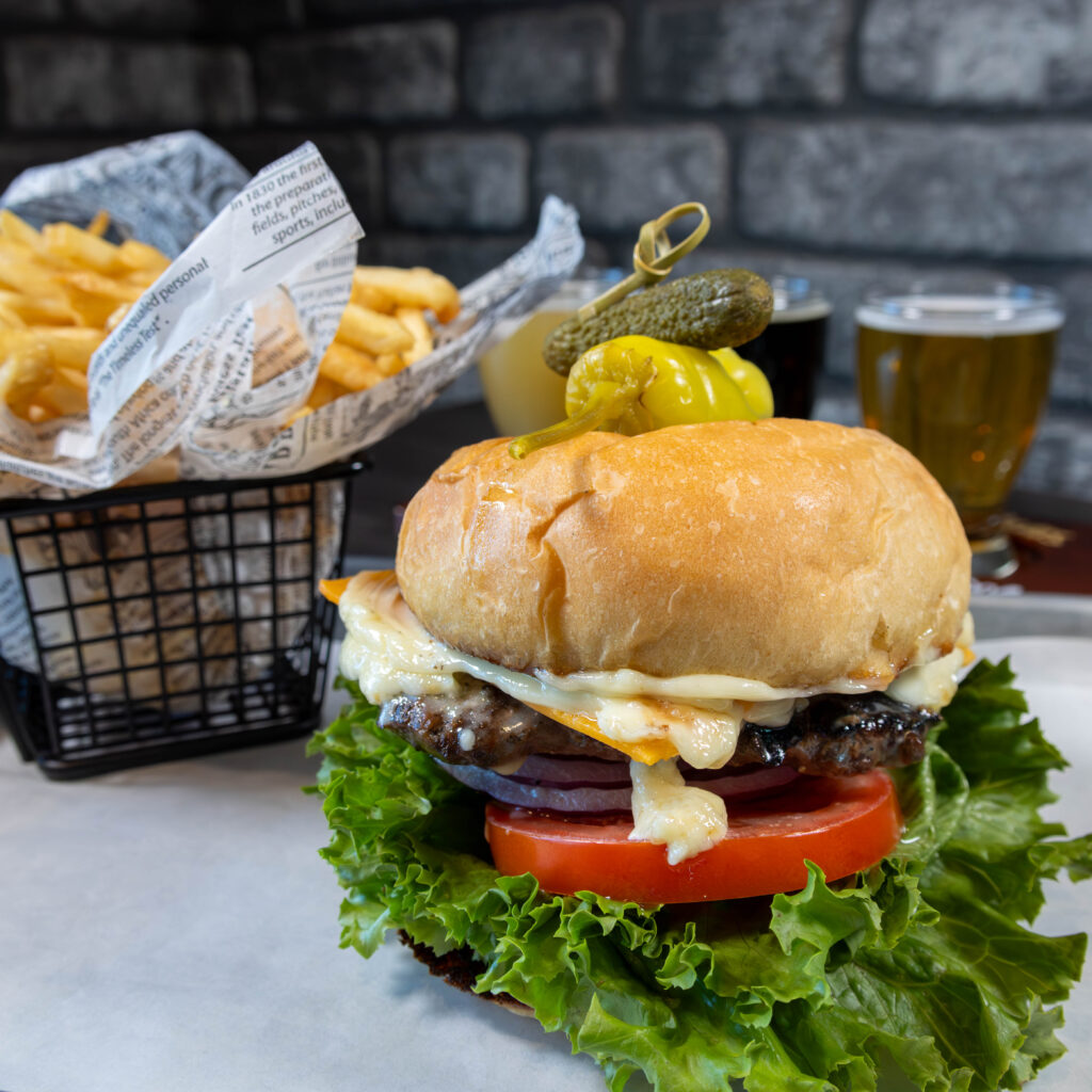 Cheeseburger with Basket of Fires and Flight of beer